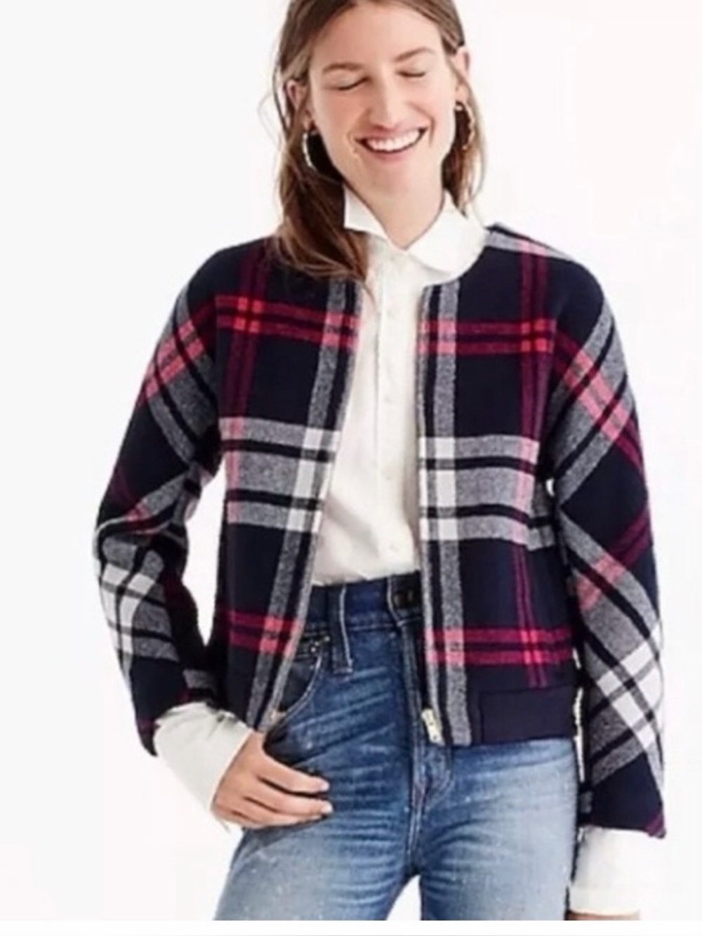 J crew navy plaid wool bomber jacket